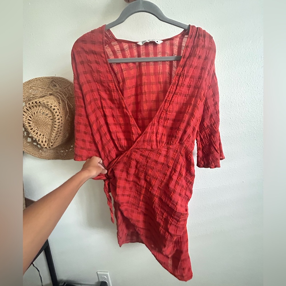 Zara red plaid wrap dress. Fits amazing and super comfy, soft and airy material.